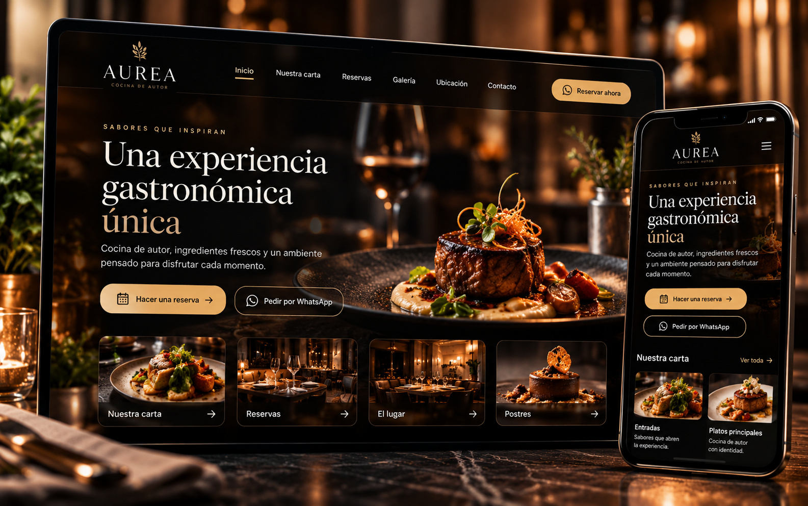 AUREA, propuesta de sitio web gastronómico en computadora y celular